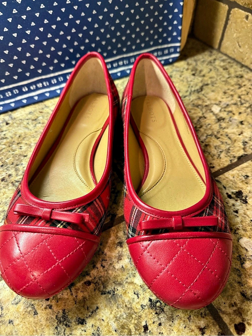 Talbots Quilted Cap Toe Plaid Bow Ballet Flats Red & Black US 8 M
